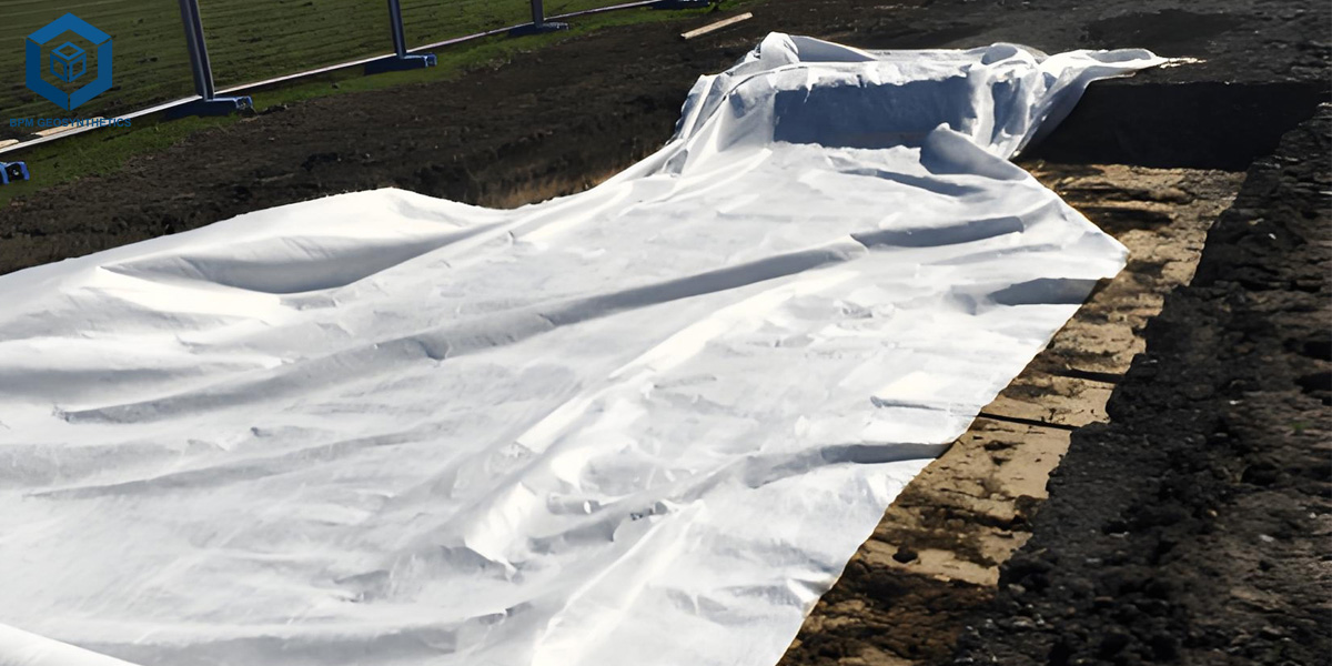 Tecido geotêxtil não tecido para utilização sob cascalho em projetos de construção. Tecido geotêxtil não tecido para utilização sob cascalho em projetos de construção.